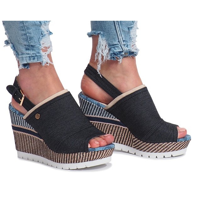 Sandalias de cuña mulanka jeans negras negro 1