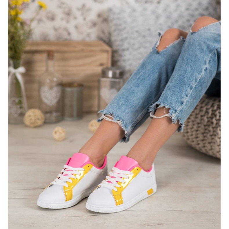 Ideal Shoes Zapatillas de deporte de moda con cuero ecológico blanco naranja rosa multicolor amarillo 2