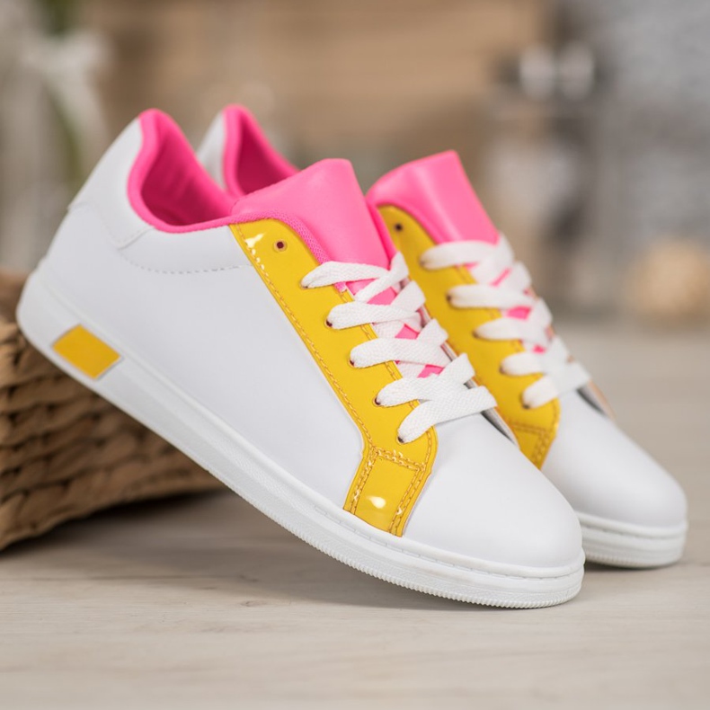 Ideal Shoes Zapatillas de deporte de moda con cuero ecológico blanco naranja rosa multicolor amarillo 1
