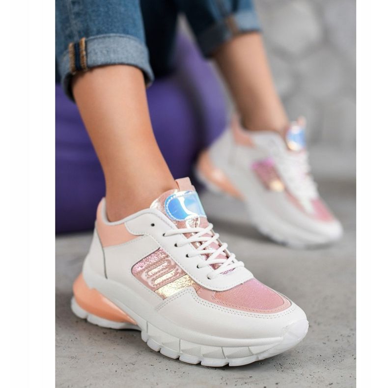 SHELOVET Zapatillas de deporte de cuero ecológico de moda blanco rosa multicolor 1