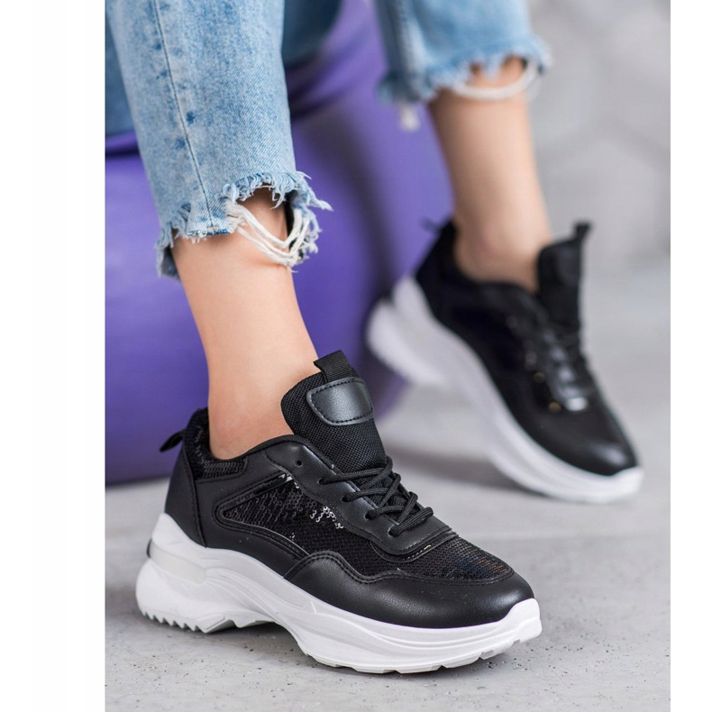 SHELOVET Zapatillas de moda con lentejuelas negro 2