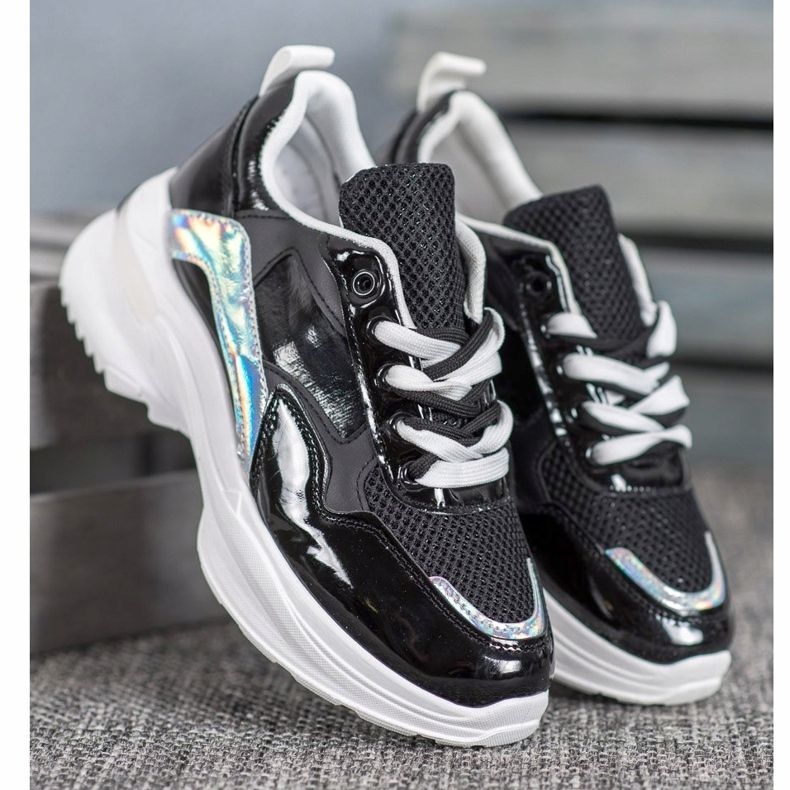 SHELOVET Zapatillas de deporte de cuero ecológico con estilo negro 1