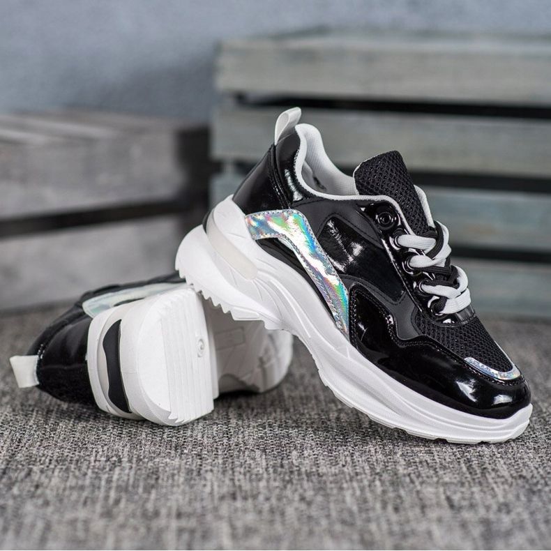 SHELOVET Zapatillas de deporte de cuero ecológico con estilo negro 2