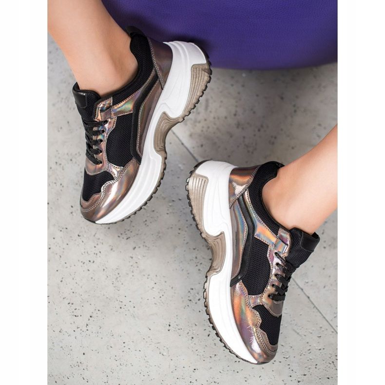 SHELOVET Zapatillas de moda con efecto holo marrón negro 1