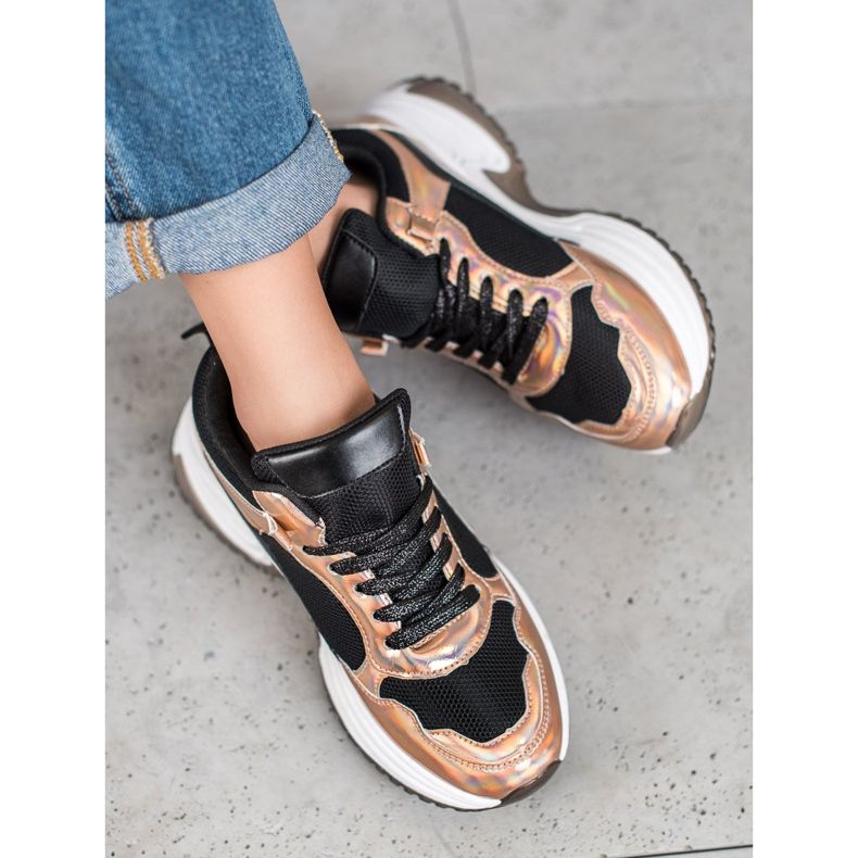 SHELOVET Zapatillas de moda con efecto holo negro amarillo 1