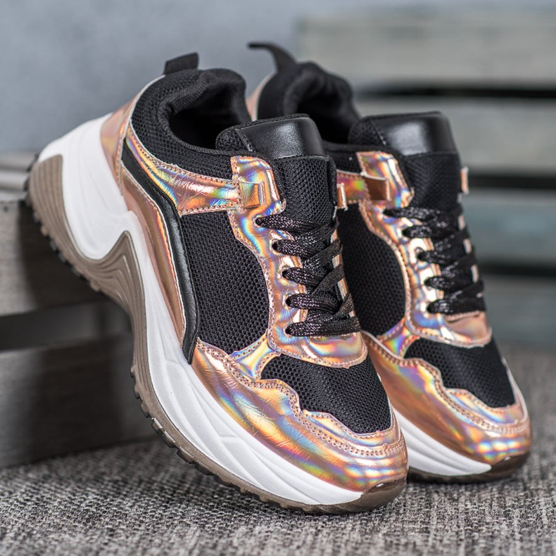 SHELOVET Zapatillas de moda con efecto holo negro amarillo 2