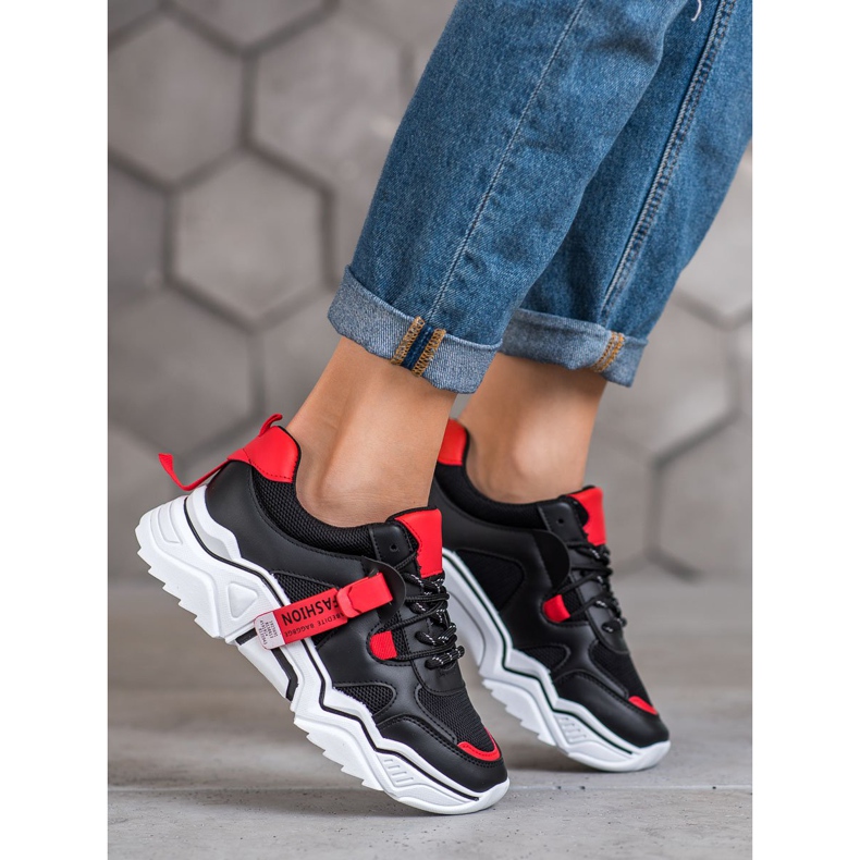 SHELOVET Zapatillas de moda para mujer negro rojo 1