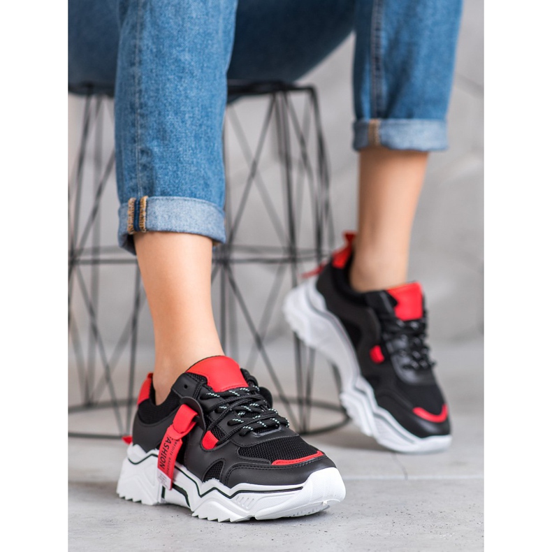 SHELOVET Zapatillas de moda para mujer negro rojo 2