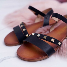 S.Barski Sandalias de Mujer Planas Tachuelas Doradas Black Raven negro 5