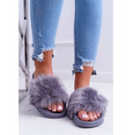 Pantuflas De Mujer Con Piel Piel Gris Oscuro 4