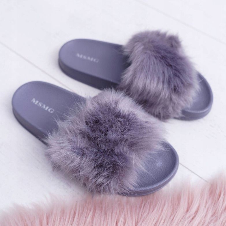 Pantuflas De Mujer Con Piel Piel Gris Oscuro 1
