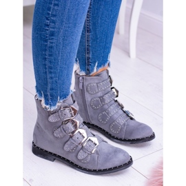 Lu Boo Botas gris oscuro Virginia Rock Star Rivets Buckles Suede 5