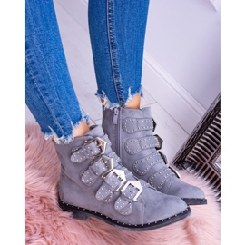 Lu Boo Botas gris oscuro Virginia Rock Star Rivets Buckles Suede 6