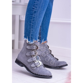 Lu Boo Botas gris oscuro Virginia Rock Star Rivets Buckles Suede 3