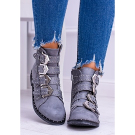 Lu Boo Botas gris oscuro Virginia Rock Star Rivets Buckles Suede 4