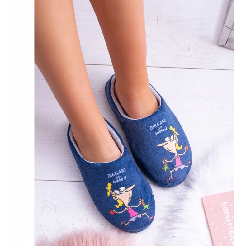 Pantuflas azul marino de felpa para mujer Dreex, corro porque me gusta 1