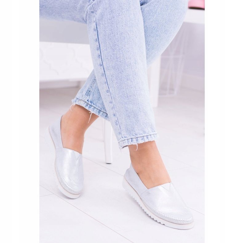 Butmil Zapatos sin cordones de cuero plateado para mujer Frela gris 1