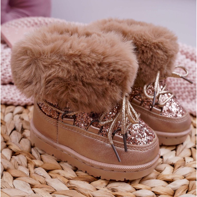 FRROCK Botas de nieve cálidas para niños con piel de zorro de cristal champán rosa amarillo 2