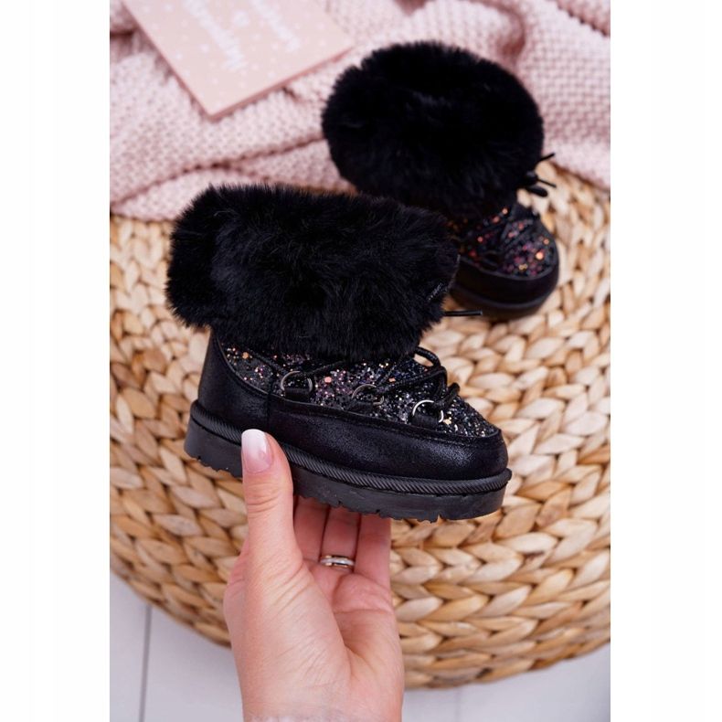 FRROCK Botas de nieve cálidas para niños con piel de zorro de cristal negro 1