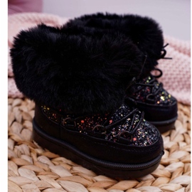 FRROCK Botas de nieve cálidas para niños con piel de zorro de cristal negro 3
