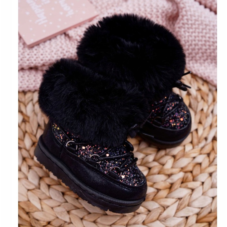 FRROCK Botas de nieve cálidas para niños con piel de zorro de cristal negro 2