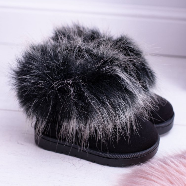 FRROCK Botas de nieve para niños con piel de zorro pequeño negro 2
