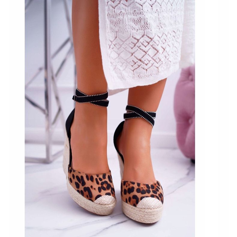 FB2 Sandalias de mujer en una cuña de lino Leopardo Canterola marrón negro 2