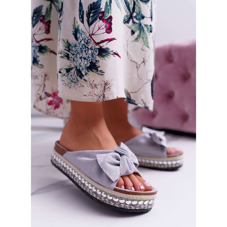 Pantuflas De Mujer Con Lazos Suela Gruesa Gris Milady 1