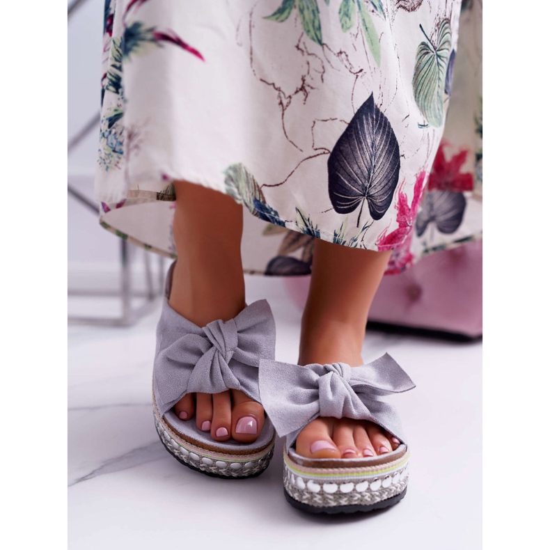 Pantuflas De Mujer Con Lazos Suela Gruesa Gris Milady 2