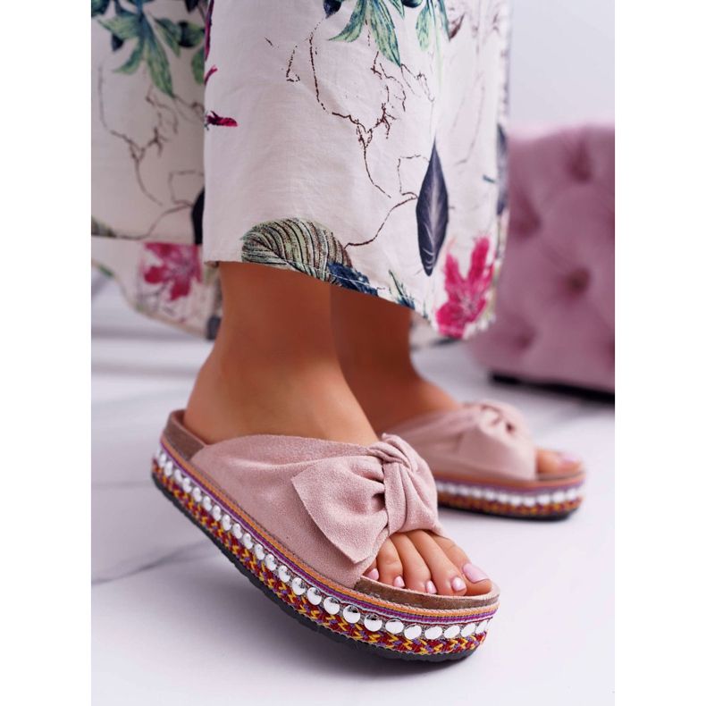 Pantuflas De Mujer Con Lazos De Suela Gruesa Rosa Milady rosado 1