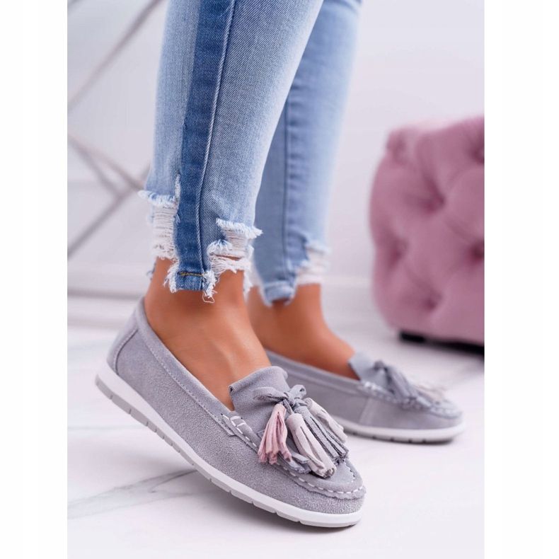 EVE Mocasines de mujer, ante con flecos, batista gris 1