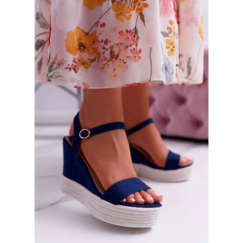 BUGO Sandalias Mujer Con Cuña De Lino Azul Marino Liviana 1