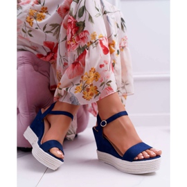 BUGO Sandalias Mujer Con Cuña De Lino Azul Marino Liviana 4