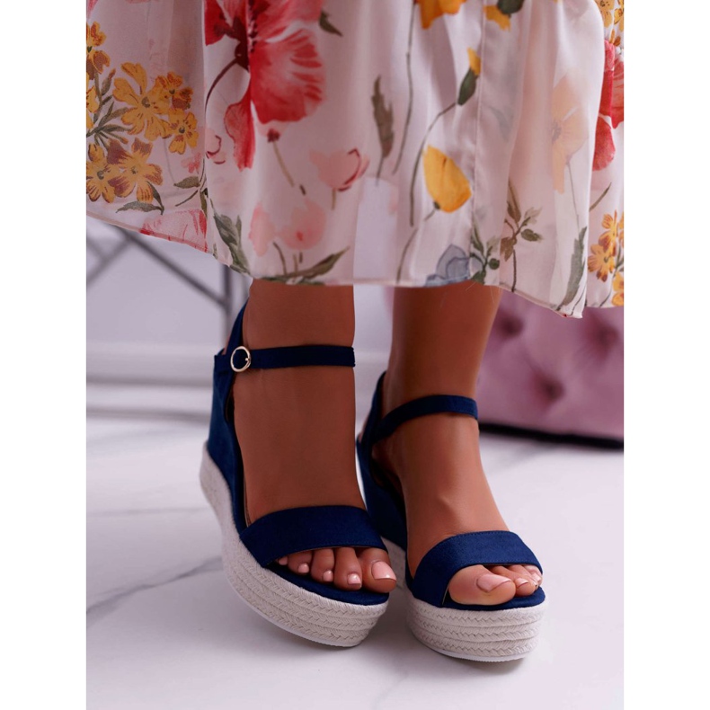 BUGO Sandalias Mujer Con Cuña De Lino Azul Marino Liviana 2