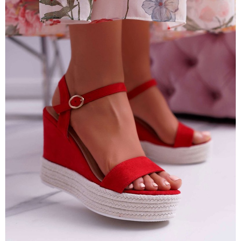 BUGO Sandalias De Mujer Con Cuña De Lino Rojo Liviana 1