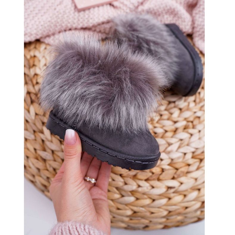FRROCK Botas de nieve para niños con piel de zorro pequeño gris 1