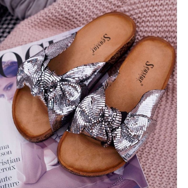 PS1 Pantuflas de Mujer con Lazo Metálico Plateado gris 1