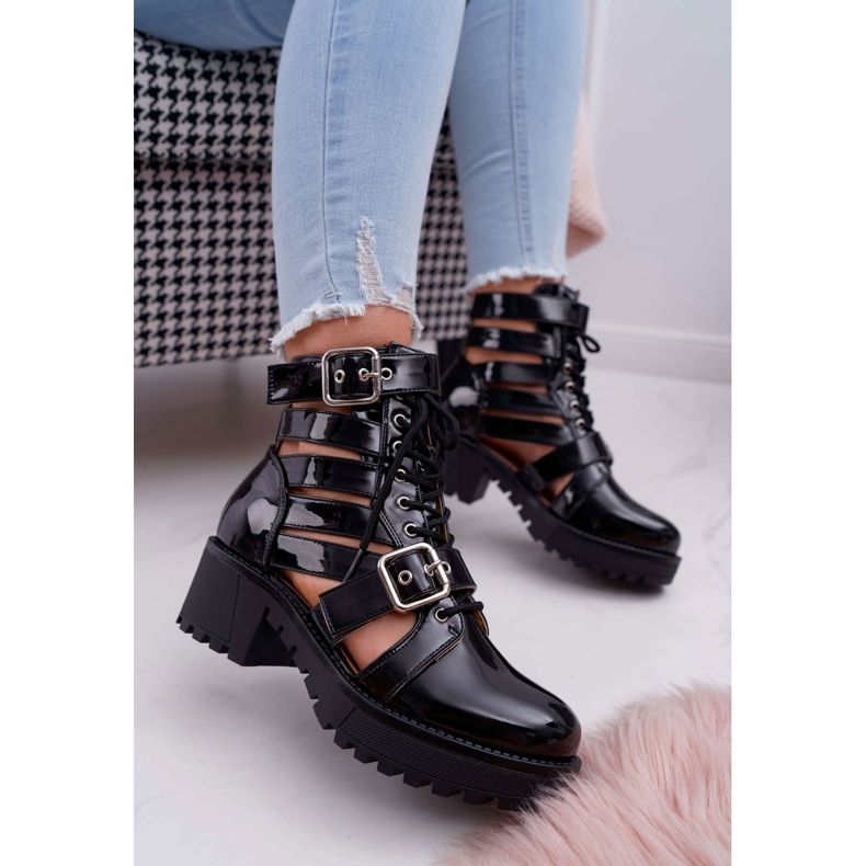 SEA De Mujer Botas Con Tacón Plano Primavera Lacado Negro Sencillo 1
