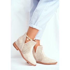 Botas de mujer con tacón plano, ante, calado, tonos capuchino marrón 3