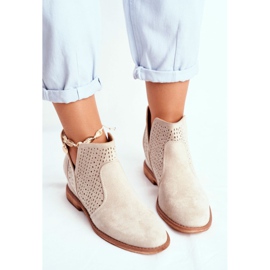 Botas de mujer con tacón plano, ante, calado, tonos capuchino marrón 5