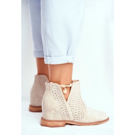 Botas de mujer con tacón plano, ante, calado, tonos capuchino marrón 4