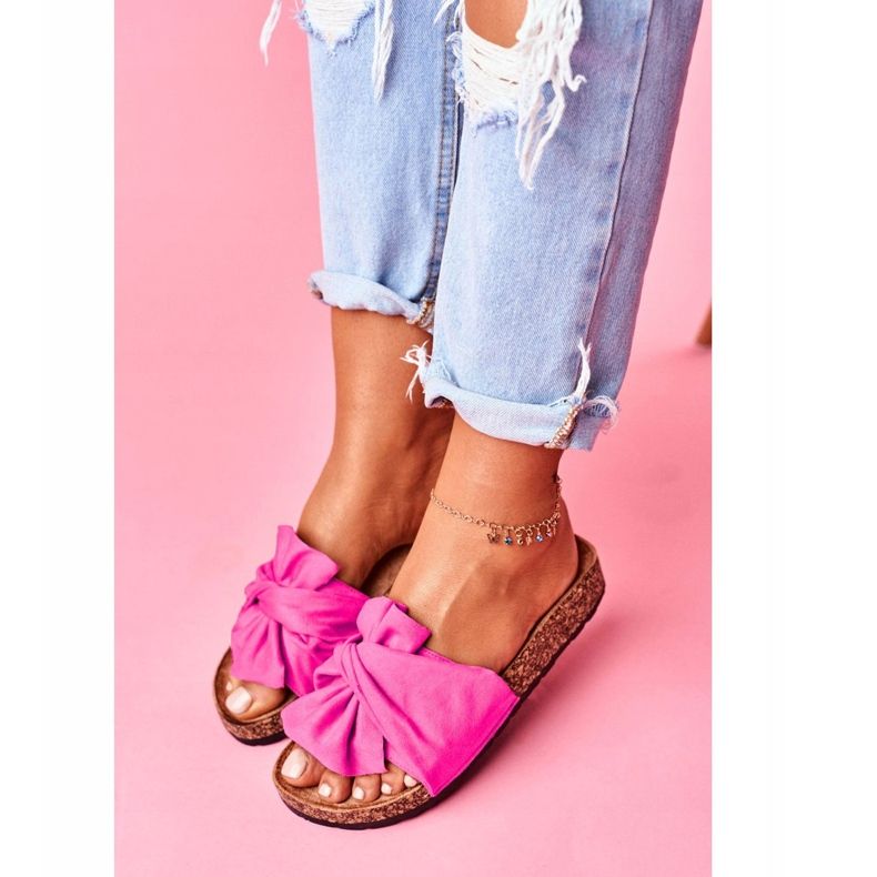 PS1 Pantuflas Mujer En Corcho Lazos Fucsia Felis rosado 2