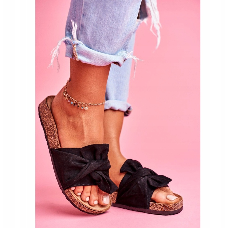 SEA Pantuflas Mujer Con Lazos De Corcho Negro Felis 1