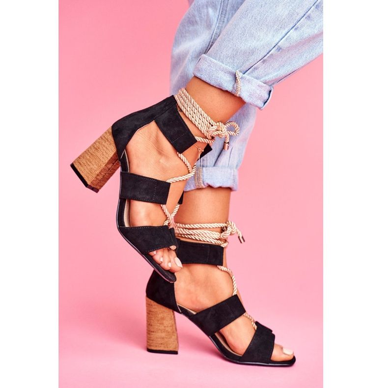 SEA Sandalias De Mujer Con Tacón Atado Ante Negro Amore 2