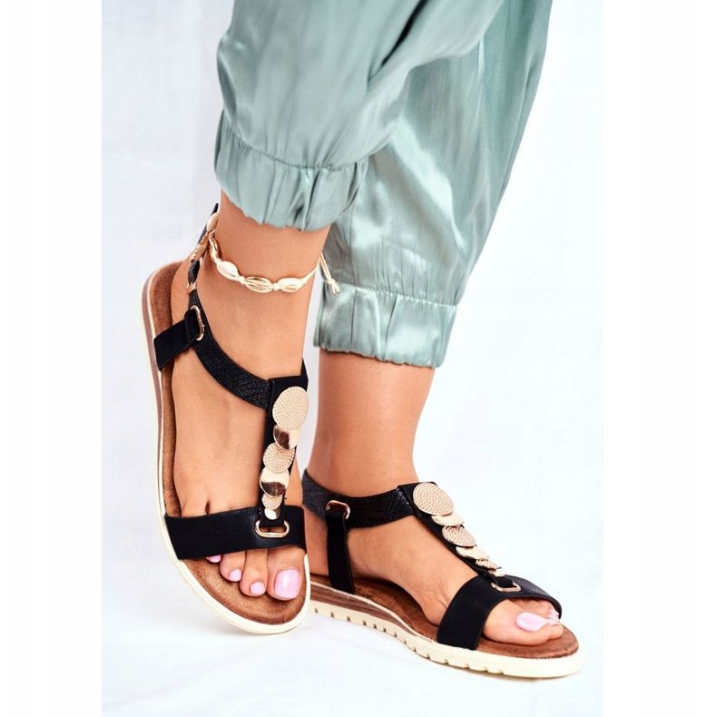 EVE Sandalias de mujer negras planas con adornos de Milton negro 2