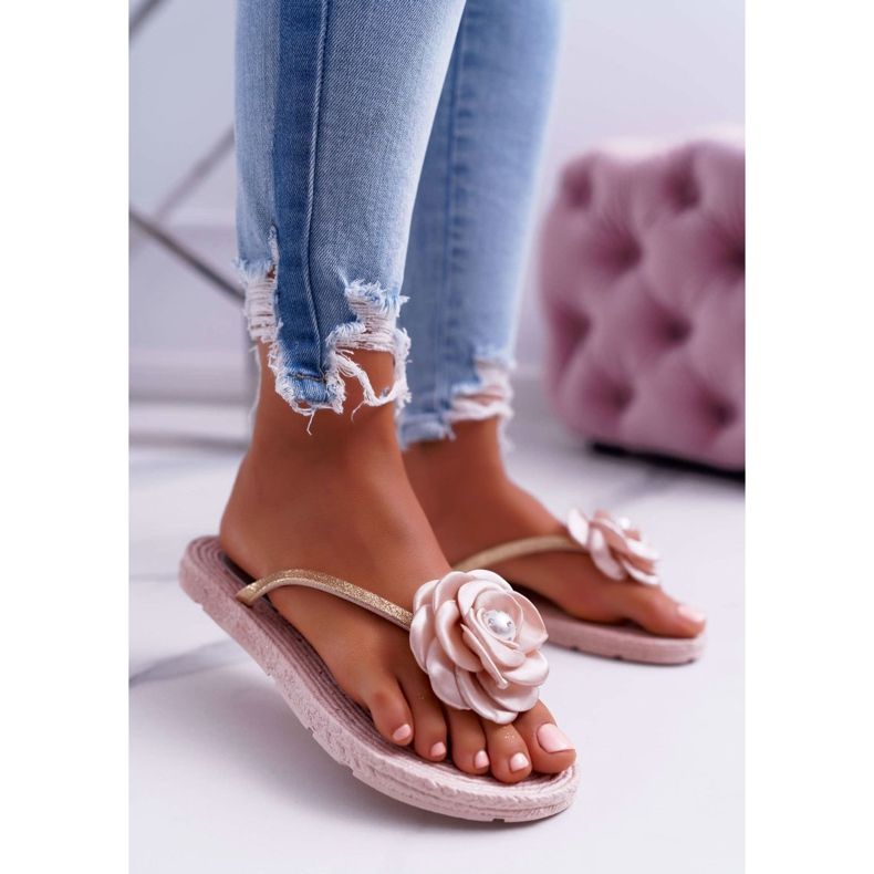 Pantuflas de Mujer Chanclas Beige Flor Purpurina Elenda 1