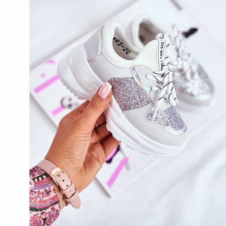 FRROCK Zapatos deportivos para niños con brocado plateado Matylda blanco gris 2