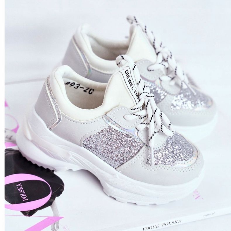 FRROCK Zapatos deportivos para niños con brocado plateado Matylda blanco gris 1