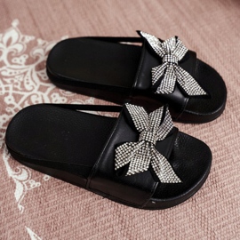 FRROCK Pantuflas para niñas con pedrería negra, lazo Jomoga negro 1