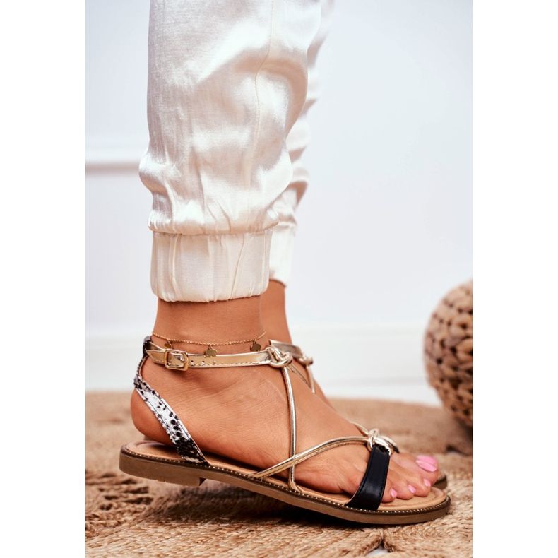 S.Barski Sandalias Mujer Planas Negras y Doradas Barski Samim negro amarillo 2